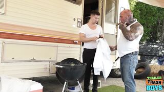 Bald silver daddy jason feeds thick cock deep inside eddie's tattooed ass raw bareback