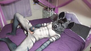 Hyena boy tears his fursuit stroking his uncut cock raw solo
