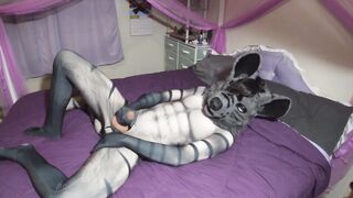 Hyena boy tears his fursuit stroking his uncut cock raw solo