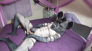 Hyena boy tears his fursuit stroking his uncut cock raw solo