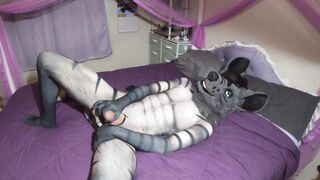 Hyena boy tears his fursuit stroking his uncut cock raw solo