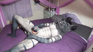 Hyena boy tears his fursuit stroking his uncut cock raw solo