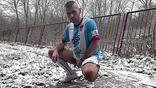 Soccer stud wrecked by his own power drill dildo