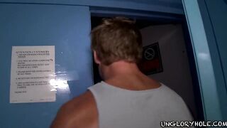 Gavin Waters gets destroyed by Alexander Garrett’s sloppy mouth in public gloryhole blowjob