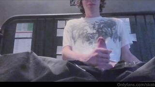 Teen gamer boy jerks his thick cock solo