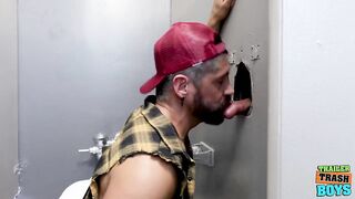 Muscular Lawson James gets big raw cock stuffed deep in public toilet