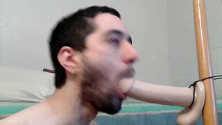 Suck and fuck Bandit with dildo while locked chastity deep throated hard
