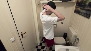 Sneakerboy strips stinky gym socks in a steaming shower gagging on his own sweat