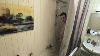 Sneakerboy strips stinky gym socks in a steaming shower gagging on his own sweat