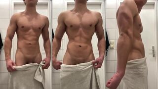 Muscle hunk flexes in bathroom show off his toned body