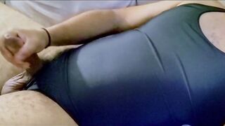 Tiny cumshot last cum of the evening crossdresser in women's swimsuit leotard