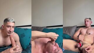 Latin cum dump sucks huge dildo while muscle bear gags on giant cock